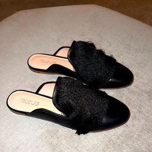 Rachel Zoe black leather mules with black fringe, size 8.5